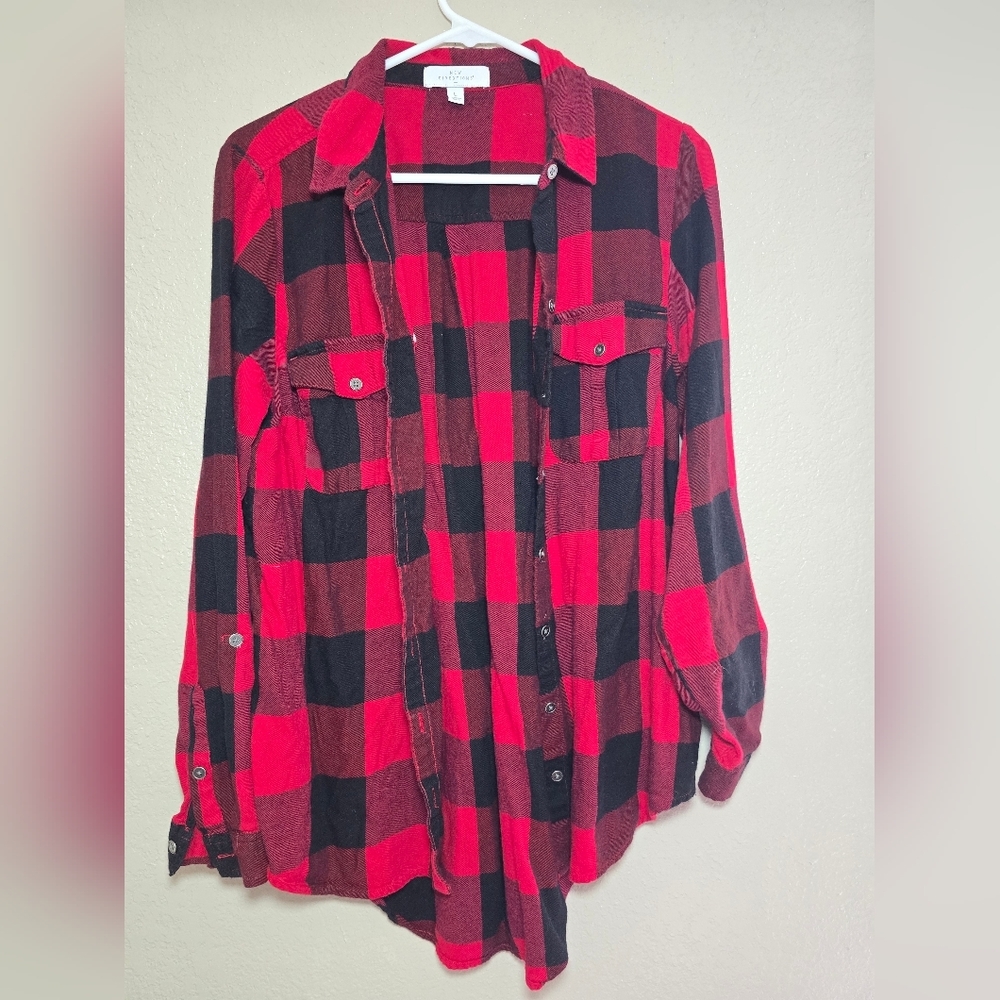 Red and Black Plaid Button-Up Shirt - Size L